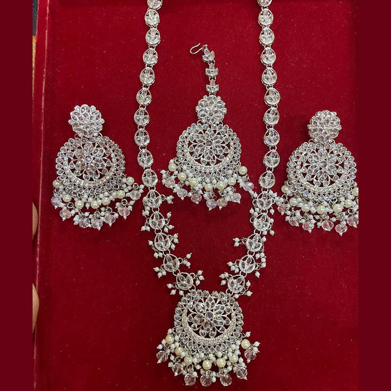 Shree Chamunda Jewellers Silver Plated  Crystal Stone Pearl Long Necklace Set