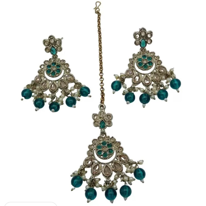 Shree Chamunda Jewellers Silver Plated Crystal Stone And Pearls Earrings With Maangtikka