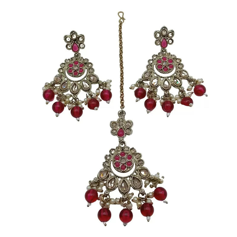 Shree Chamunda Jewellers Silver Plated Crystal Stone And Pearls Earrings With Maangtikka