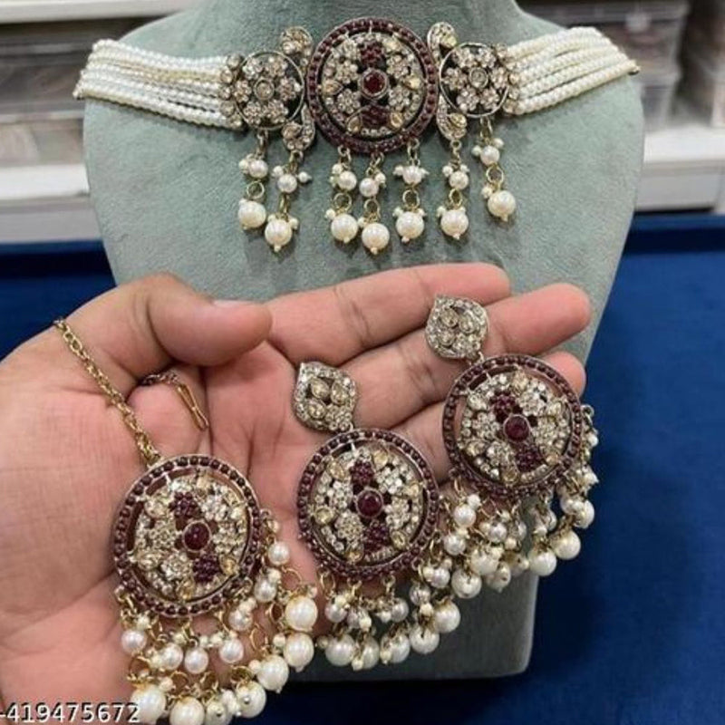 Shree Chamunda Jewellers Gold Plated Austrian Stone And Pearl Choker Necklace Set