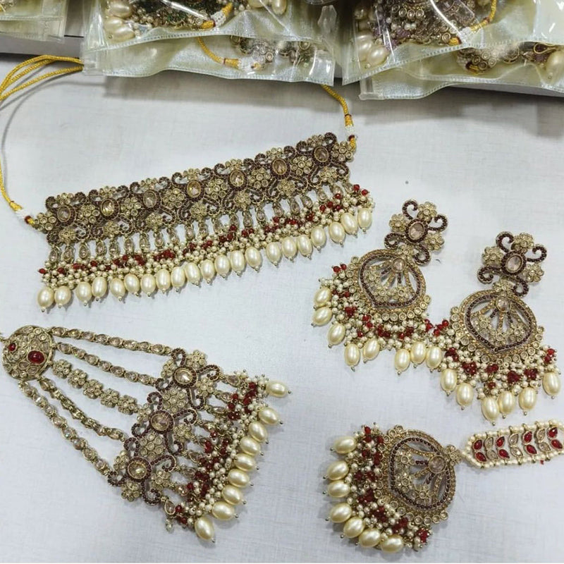 Shree Chamunda Jewellers Gold Plated Austrian Stone And Pearl Choker Necklace Set