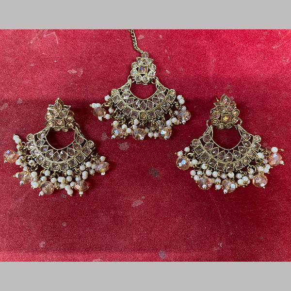 Shree Chamunda Jewellers Gold Plated Pearl And Austrian Stone Earrings With Mangtikka