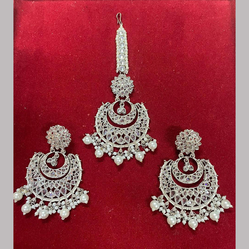 Shree Chamunda Jewellers Silver Plated Pearl And Crystal Stone Earrings With Mangtikka