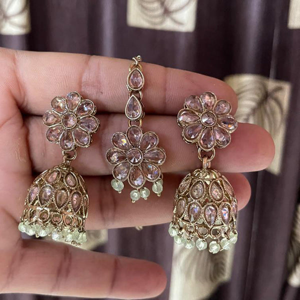 Shree Chamunda Jewellers Gold Plated Pearl And Crystal Stone Earrings With Mangtikka