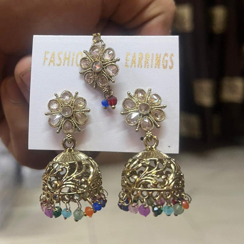 Shree Chamunda Jewellers Gold Plated Crystal Stone Jhumki With Maangtikka