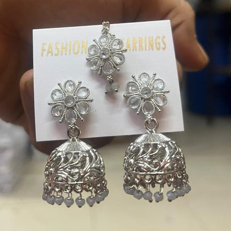 Shree Chamunda Jewellers Silver Plated Crystal Stone Jhumki With Maangtikka