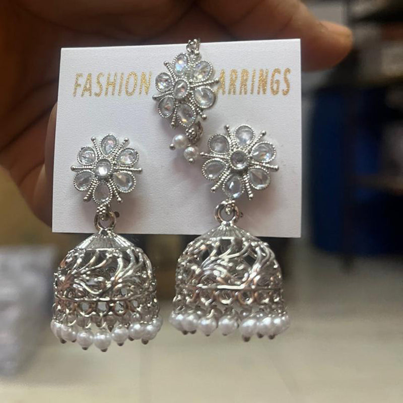 Shree Chamunda Jewellers Silver Plated Crystal Stone Jhumki With Maangtikka