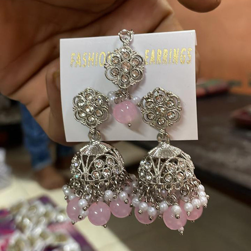 Shree Chamunda Jewellers Silver Plated Austrian Stone Jhumki With Maangtikka