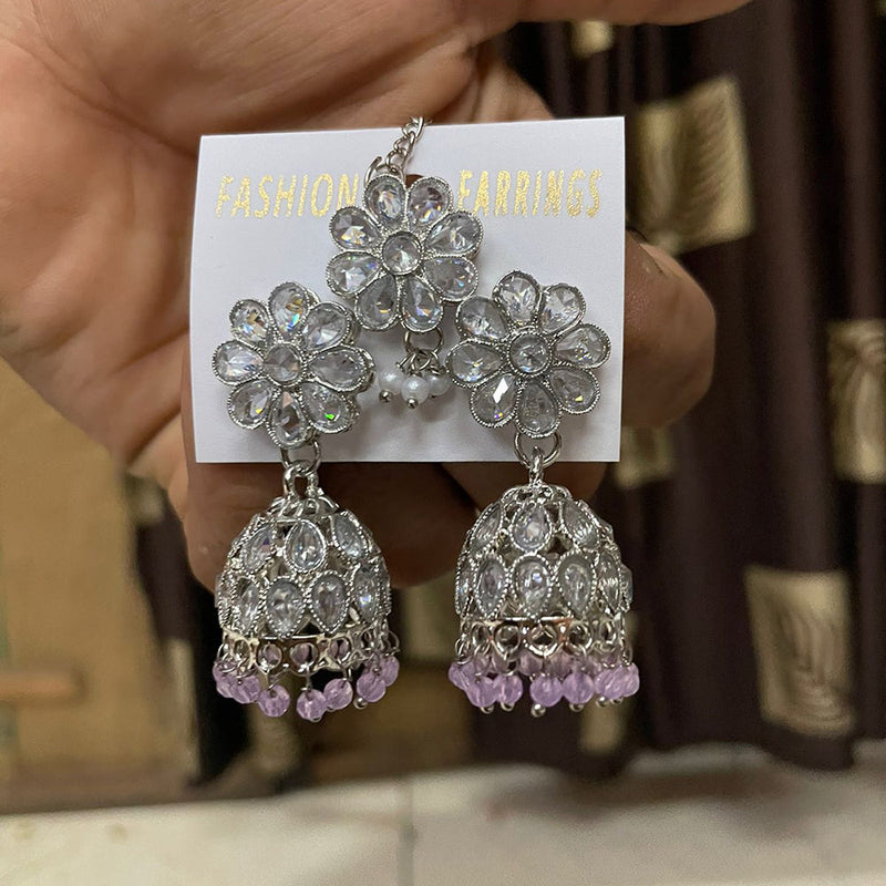 Shree Chamunda Jewellers Silver Plated Crystal Stone Jhumki With Maangtikka