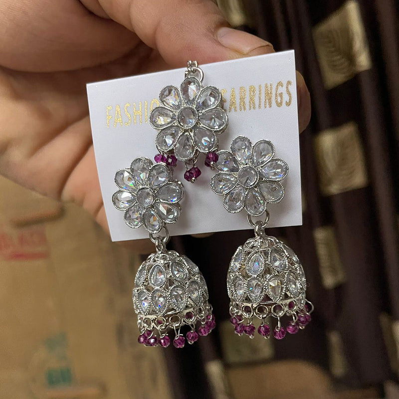 Shree Chamunda Jewellers Silver Plated Crystal Stone Jhumki With Maangtikka