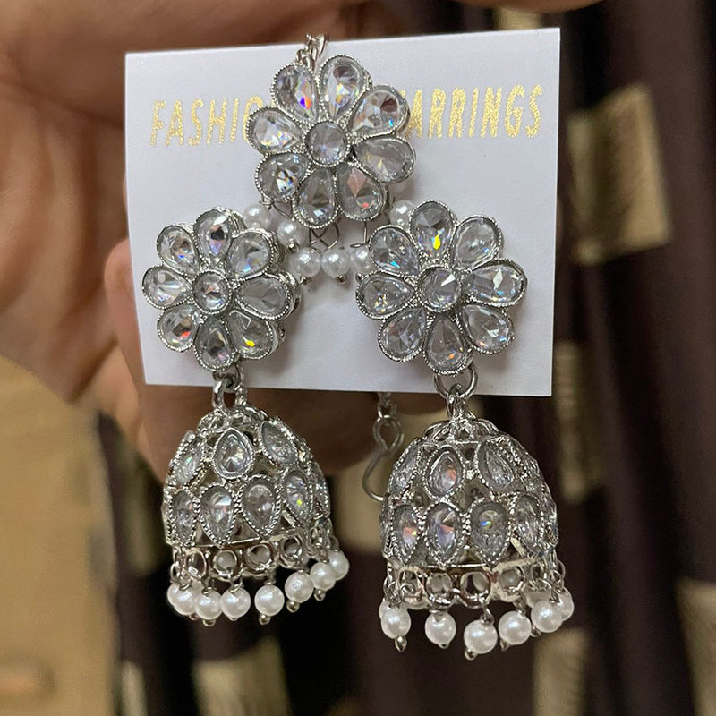 Shree Chamunda Jewellers Silver Plated Crystal Stone Jhumki With Maangtikka