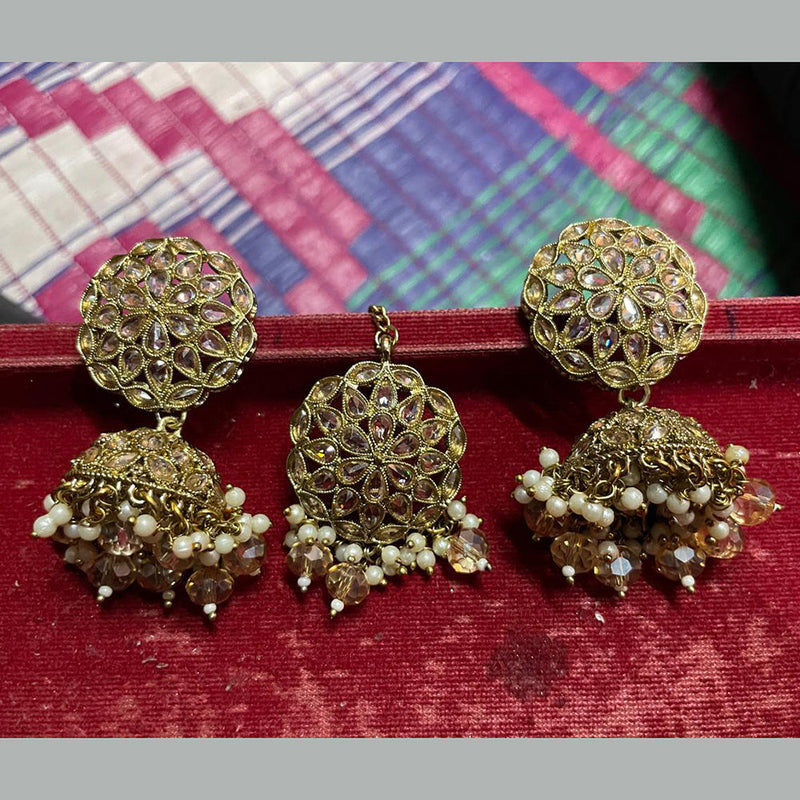 Shree Chamunda Jewellers Gold Plated Crystal Stone Jhumki With Maangtikka