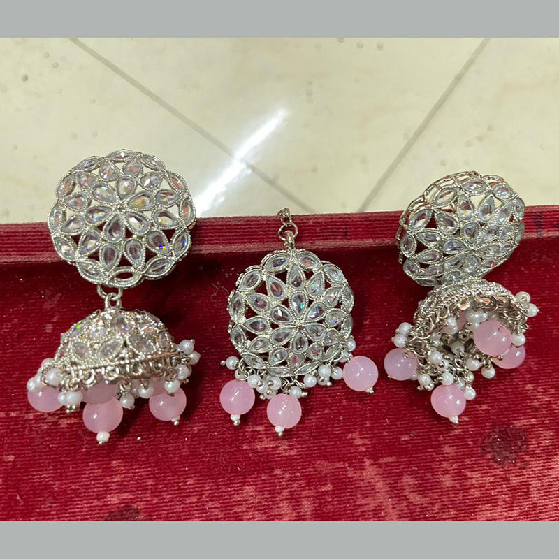 Shree Chamunda Jewellers Silver Plated Crystal Stone Jhumki With Maangtikka