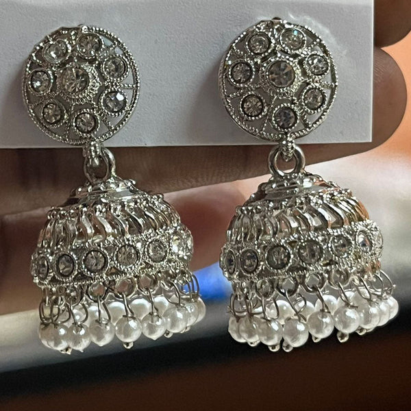 Shree Chamunda Jewellers Silver Plated Austrian Stone And Pearls Jhumki