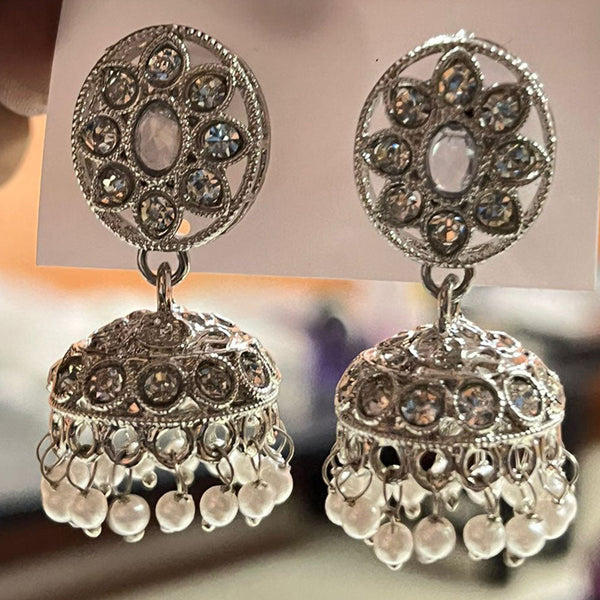 Shree Chamunda Jewellers Silver Plated Austrian Stone And Pearls Jhumki