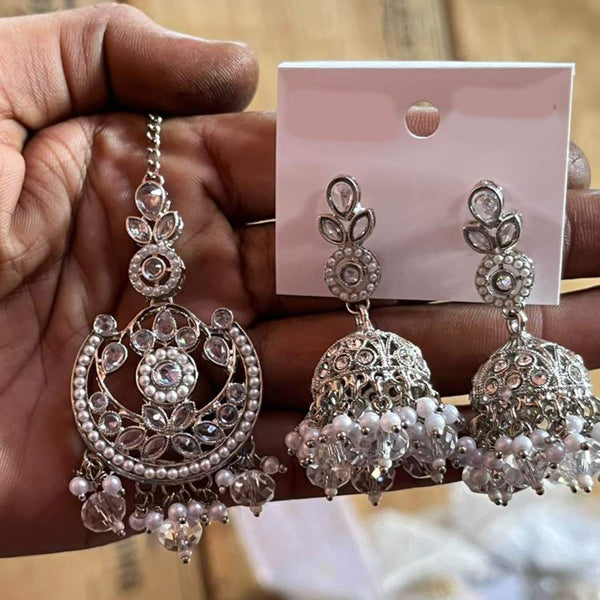 Shree Chamunda Jewellers Silver Plated Pearl And Crystal Stone Earrings With Mangtikka