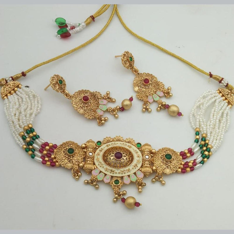 Shree Chamunda Jewellers Gold Plated Pota Stone And Pearl Choker Necklace Set