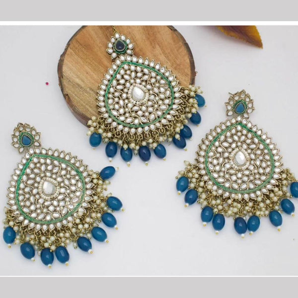 Shree Chamunda Jewellers Gold Plated Kundan Dangler Earrings With Maangtikka