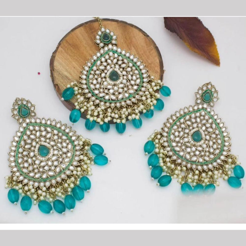 Shree Chamunda Jewellers Gold Plated Kundan Dangler Earrings With Maangtikka