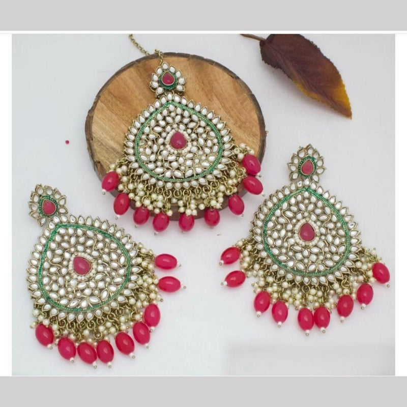 Shree Chamunda Jewellers Gold Plated Kundan Dangler Earrings With Maangtikka