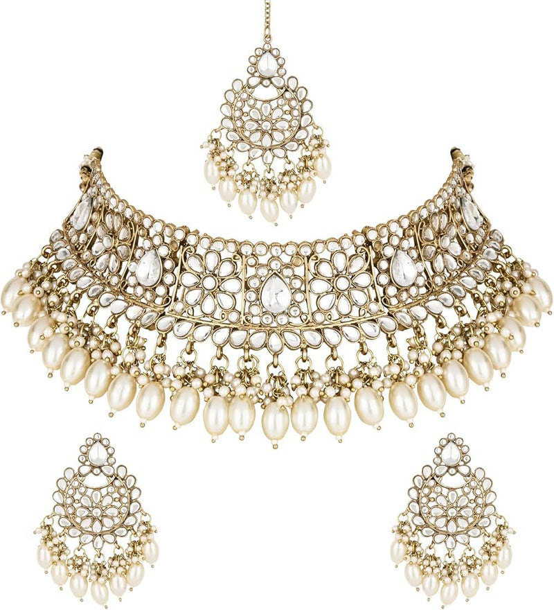 Shree Chamunda Jewellers Gold Plated Crystal Stone Pearl Choker Necklace Set