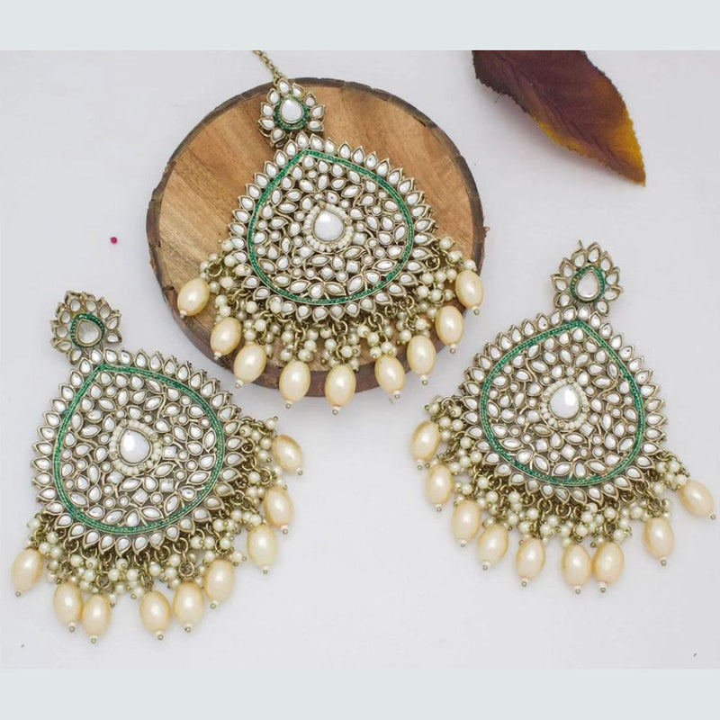 Shree Chamunda Jewellers Gold Plated Kundan Stone Dangler Earrings With Maangtikka