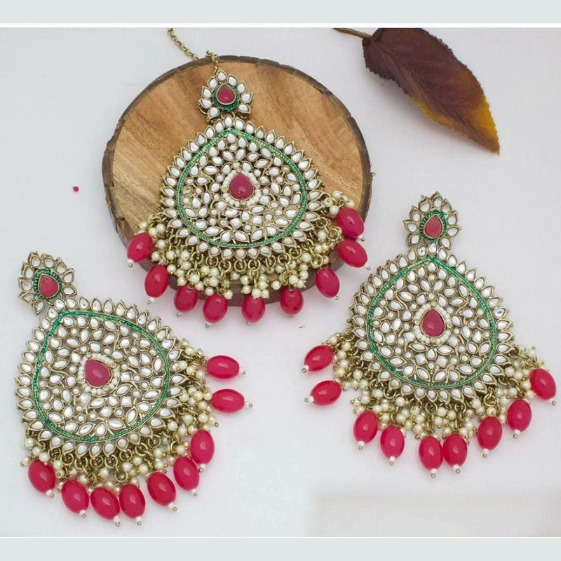 Shree Chamunda Jewellers Gold Plated Kundan Stone Dangler Earrings With Maangtikka