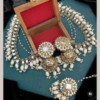 Shree Chamunda Jewellers Gold Plated Mirror And Beads Jhumki Earrings With Maangtikka