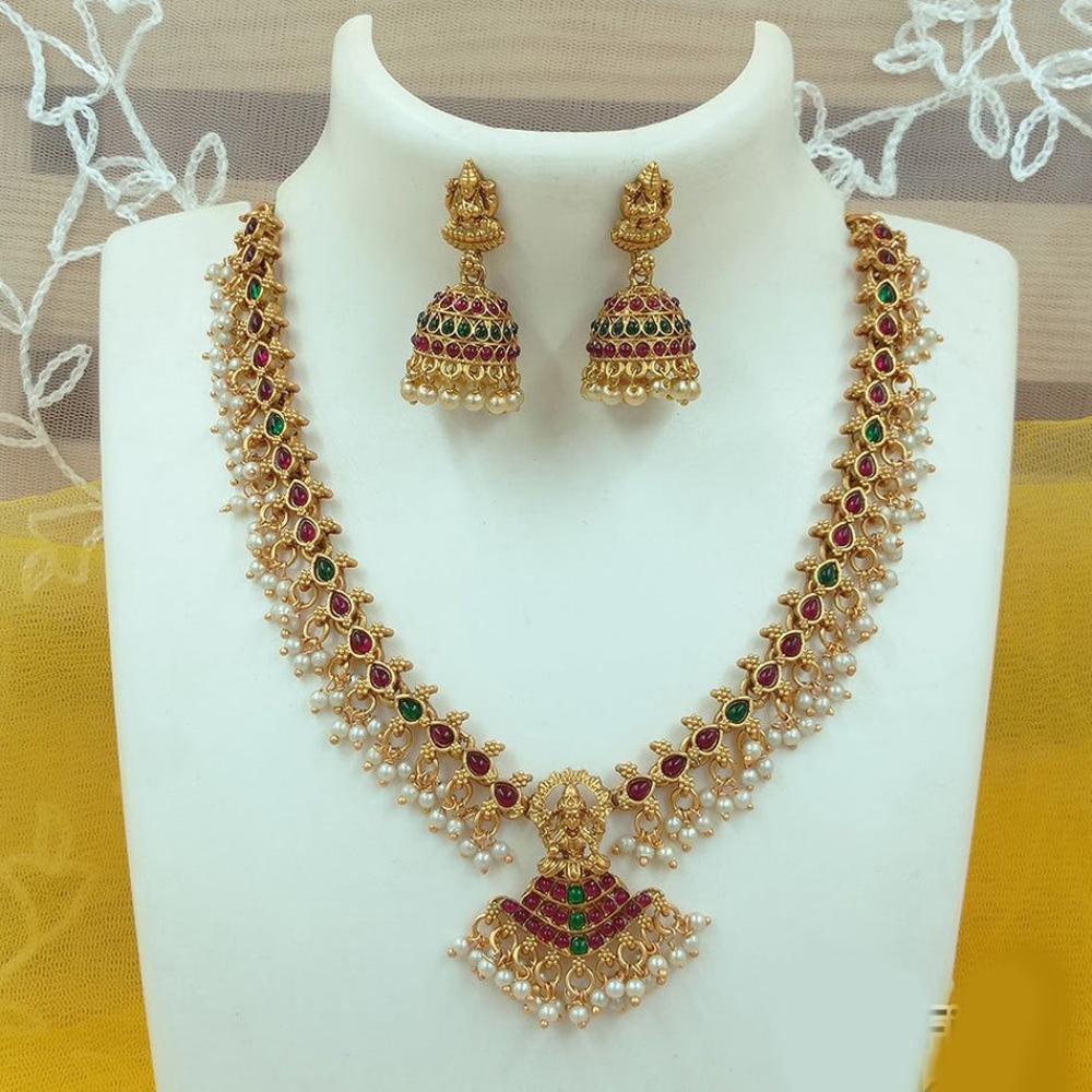 Shree Chamunda Jewellers Antique Gold Plated Pota & Pearl Temple Jewellery Set