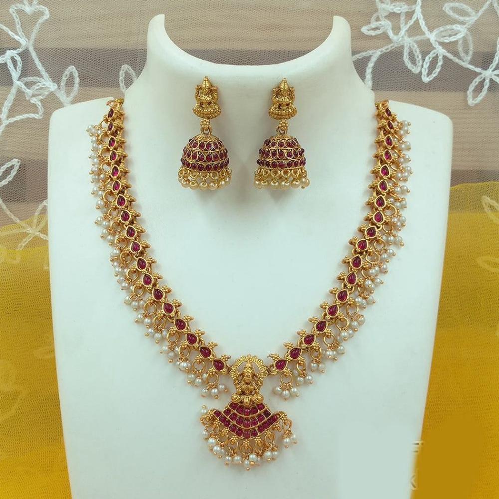 Shree Chamunda Jewellers Antique Gold Plated Pota & Pearl Temple Jewellery Set