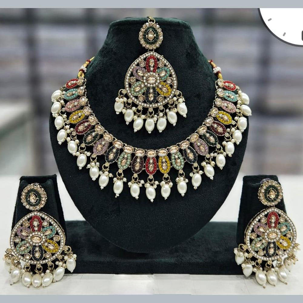 Shree Chamunda Jewellers Designer Austrian Stone And Beads Necklace Set With Mangtikka