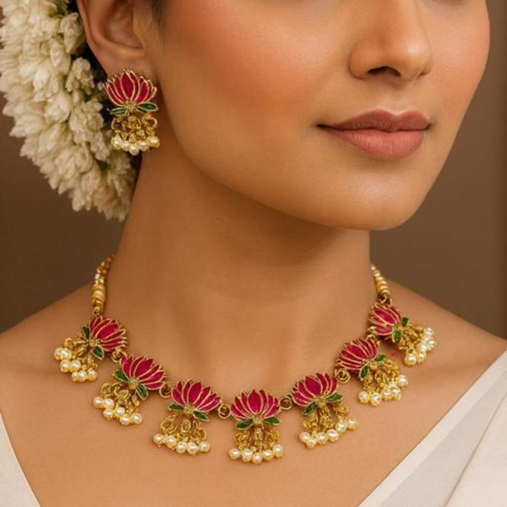Shree Chamunda Lotus Design Pearl And Meenakari Necklace Set