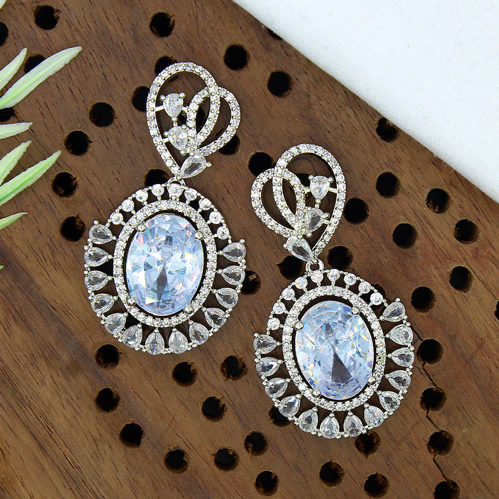 Mahavir Silver Plated AD Dangler Earrings
