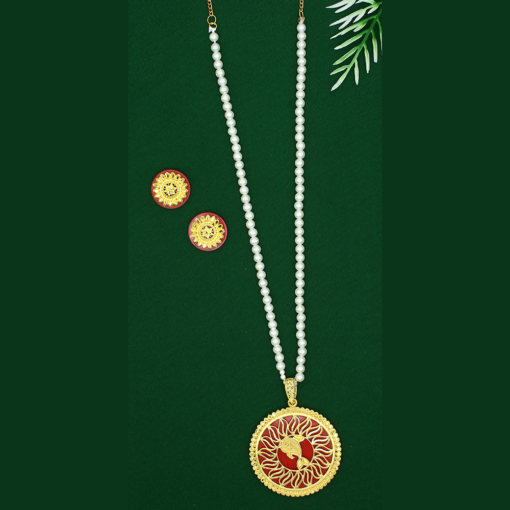 Mahavir Dye Gold Plated Pearl Long Necklace Set