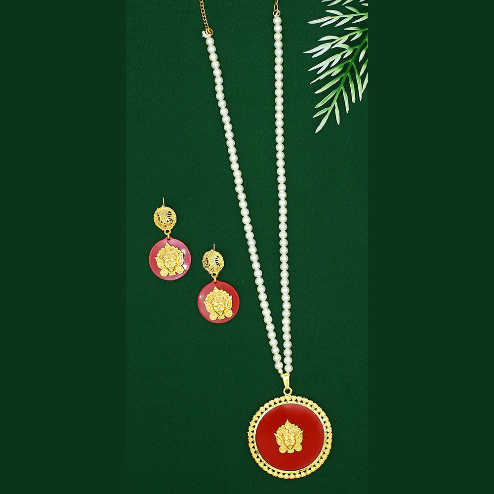 Mahavir Dye Gold Plated Pearl Long Necklace Set