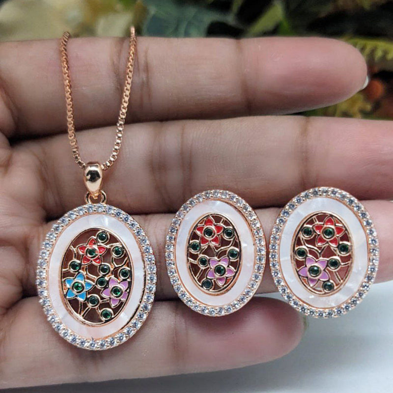 Aamrapali Rose Gold Plated AD And Meenakari Chain Pendant Set