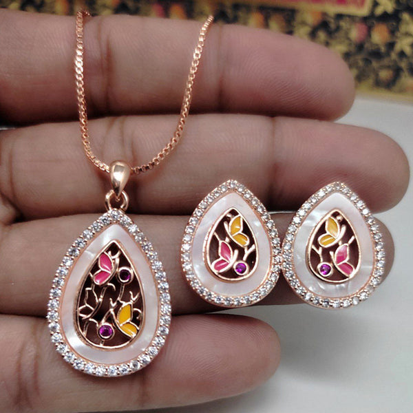 Aamrapali Rose Gold Plated AD And Meenakari Chain Pendant Set