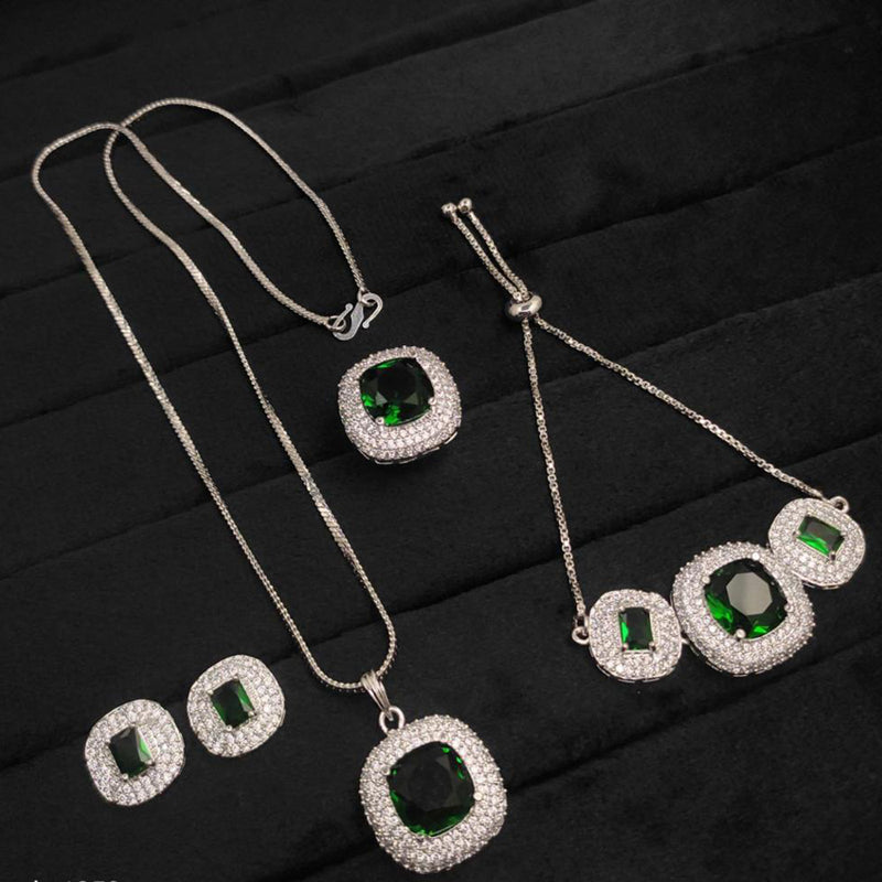 Aamrapali Silver Plated AD Chain Pendant Set