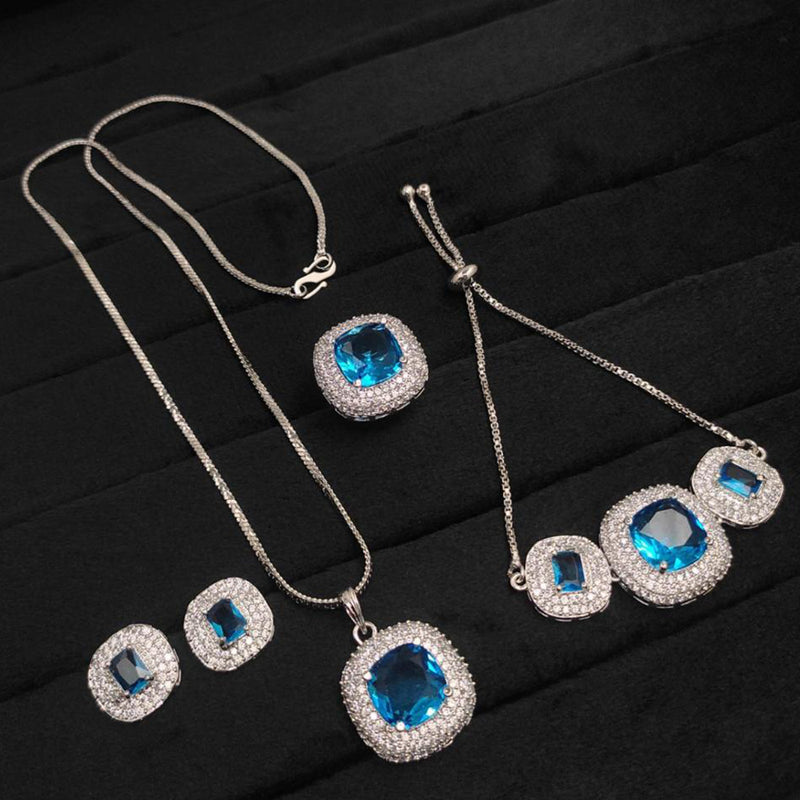 Aamrapali Silver Plated AD Chain Pendant Set