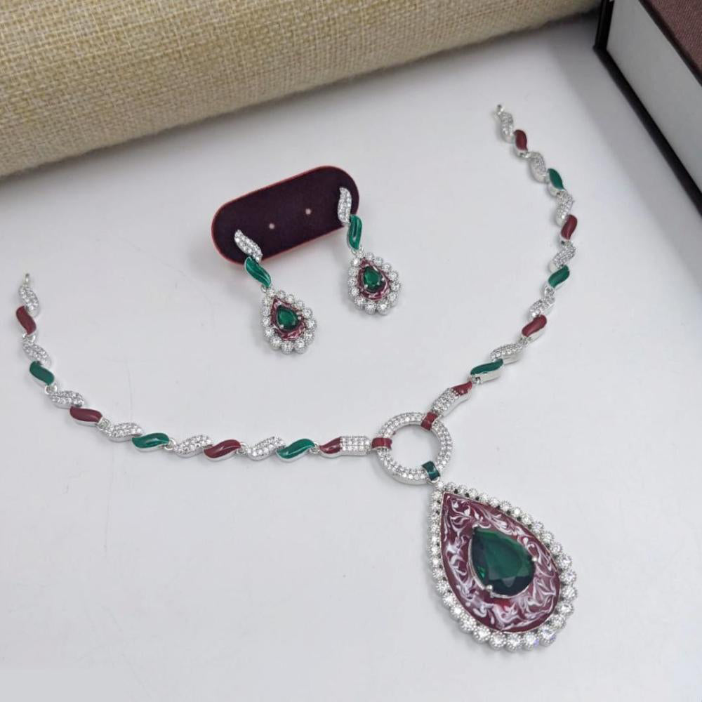 Aamrapali Glamour Silver Plated Shine American Diamond Meenakari Necklace Set