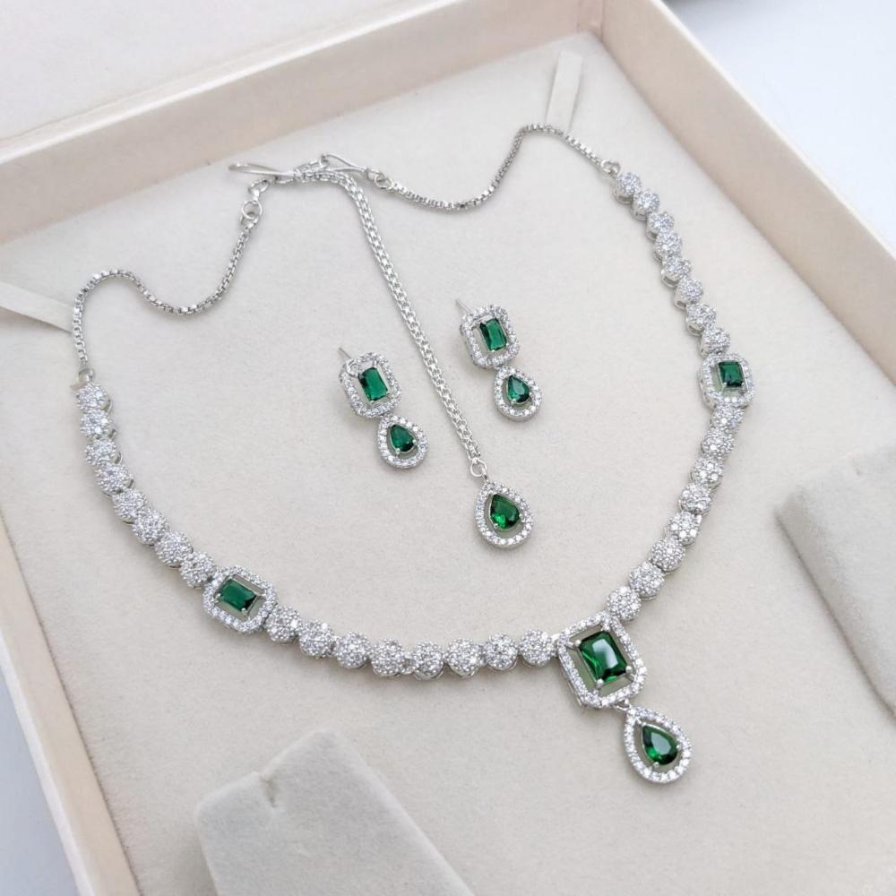 Aamrapali Rhodium Finish Statement American Diamond Necklace Set