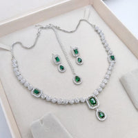 Aamrapali Rhodium Finish Statement American Diamond Necklace Set