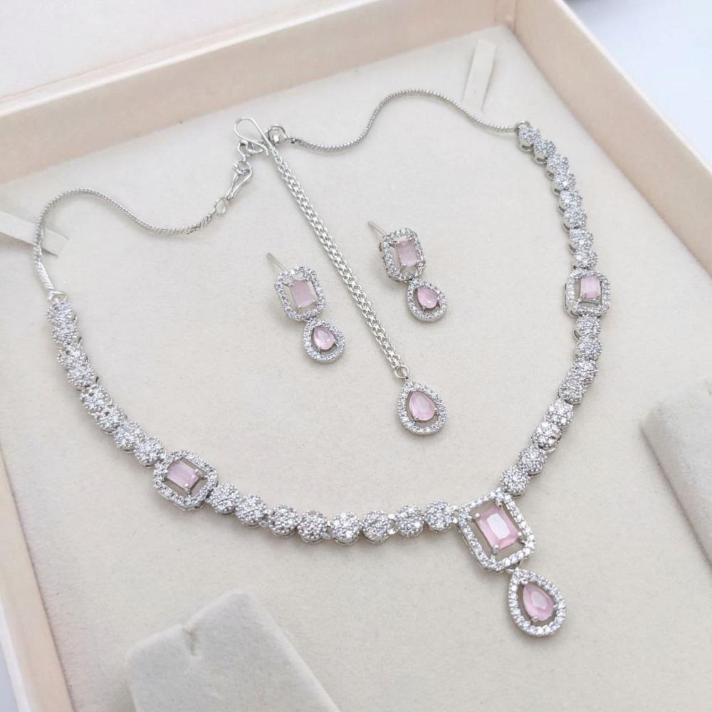Aamrapali Rhodium Finish Statement American Diamond Necklace Set