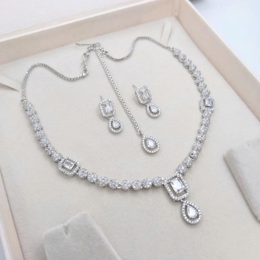 Aamrapali Rhodium Finish Statement American Diamond Necklace Set