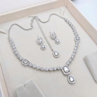 Aamrapali Rhodium Finish Statement American Diamond Necklace Set