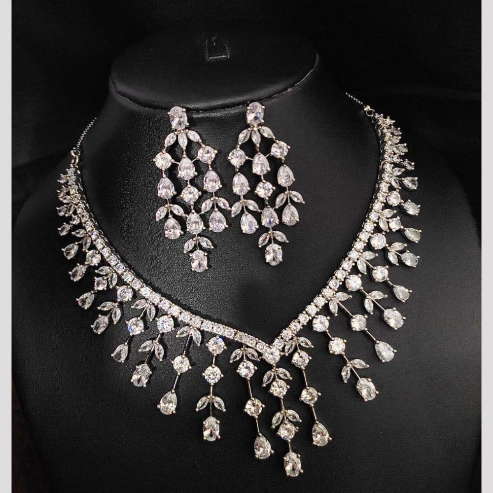 Aamrapali Rhodium Finish Statement American Diamond Necklace Set