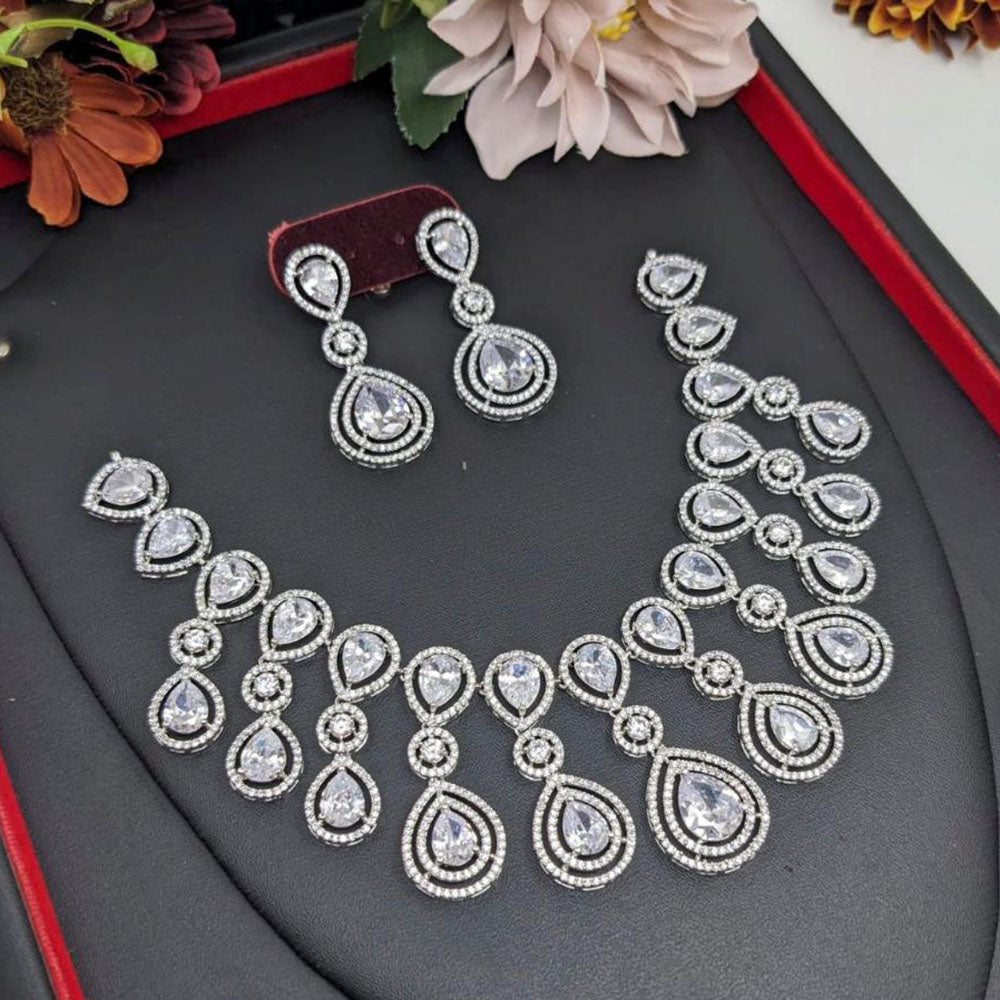Aamrapali Rhodium Finish Statement American Diamond Necklace Set