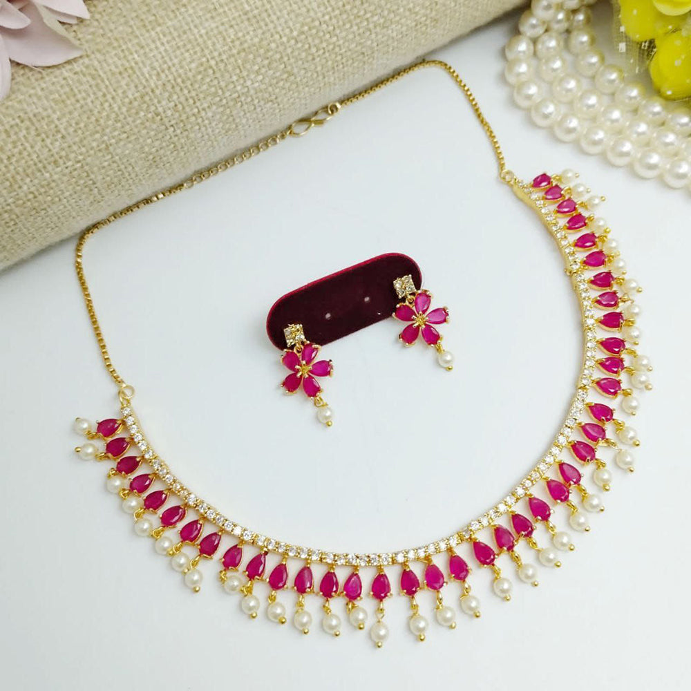 Aamrapali Elegant Teardrop Necklace Set with pearl Drops and Floral Earrings