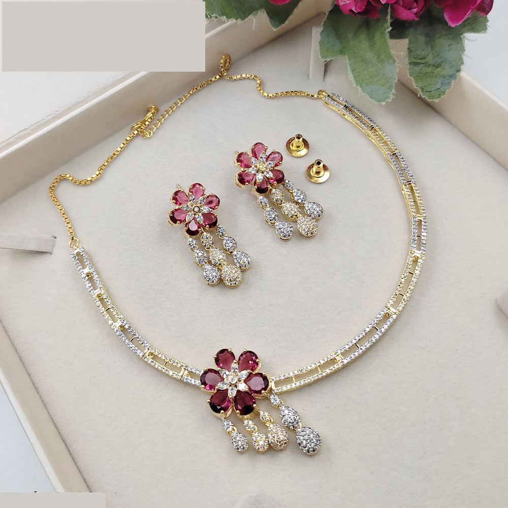 Aamrapli Floral Design American Diamond Necklace Set with Drop Earrings