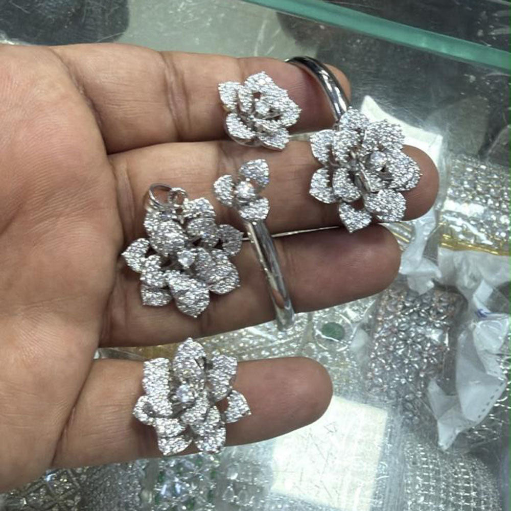 Aamrapali American Diamond Floral Jewellery Combo Set (Bracelet, Pendant, Ring & Earring Studs)